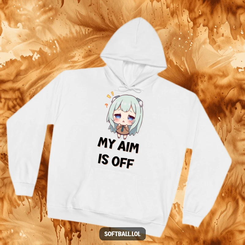Funny hoodie with a character looking surprised after missing a hit, soft and cozy with humorous art.