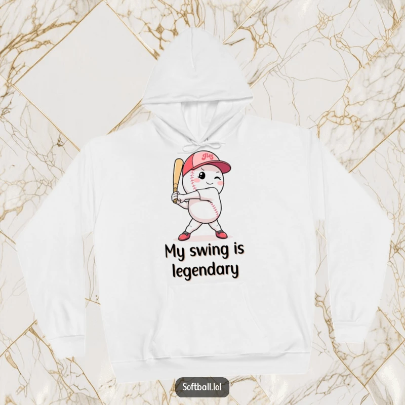 Funny softball hoodie featuring a strong character confidently posing mid-swing, ready for the next play with style.