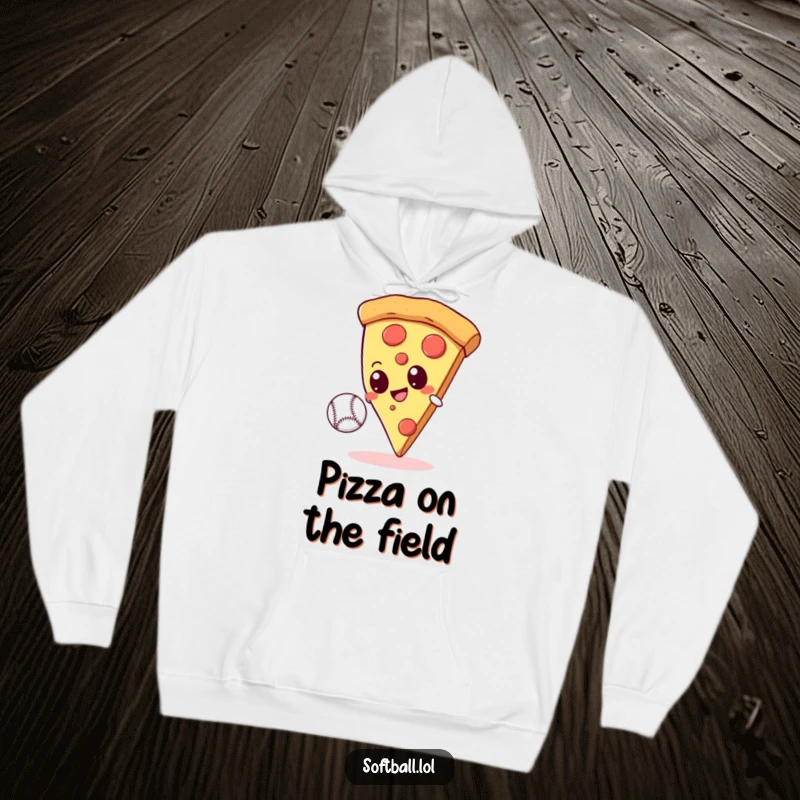 Funny giant pizza slice with googly eyes attempting to catch a baseball on a soft hoodie, radiating food and sports humor.