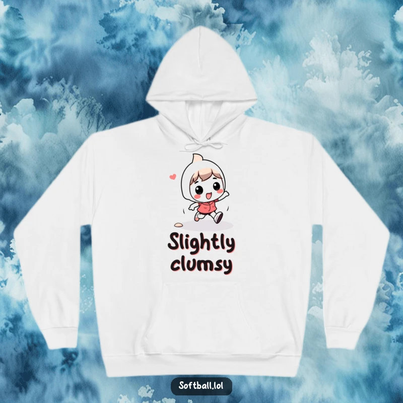 Funny kawaii character hoodie with a character playfully tripping while running bases, offering warmth and humorous embarrassment.
