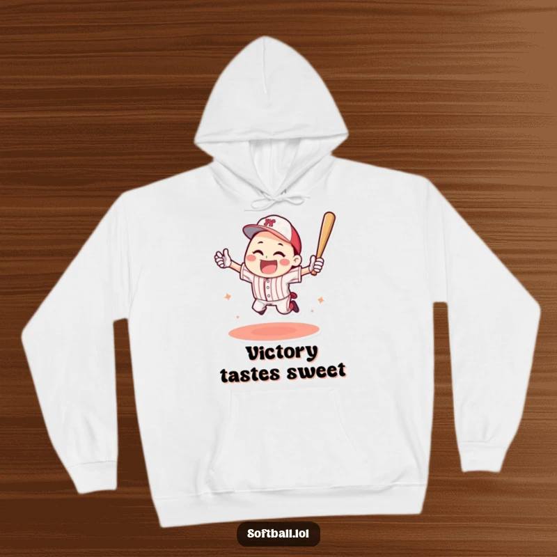 Funny hoodie showing a happy character jumping triumphantly after a baseball home run, radiating pure winning energy and joy.