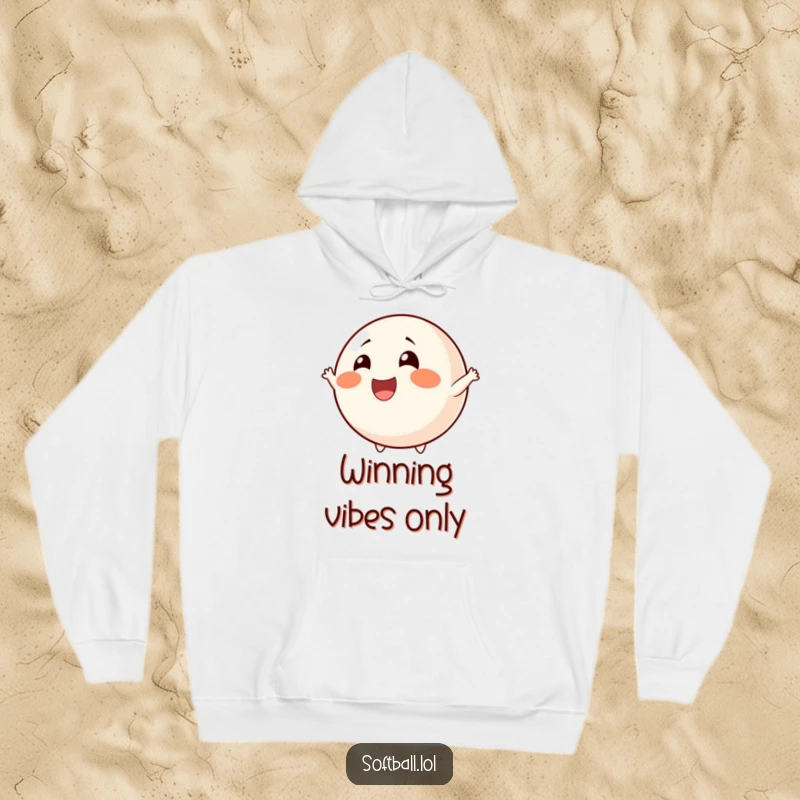 Funny cheerful softball hoodie, rosy cheeks, cheering enthusiastically, perfect for a warm and funny gift.