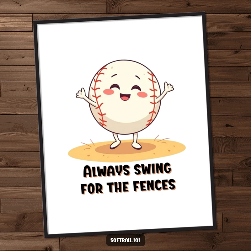 Funny Free Printable Wall Art: A grinning softball character enthusiastically doing a silly dance on a sports field.