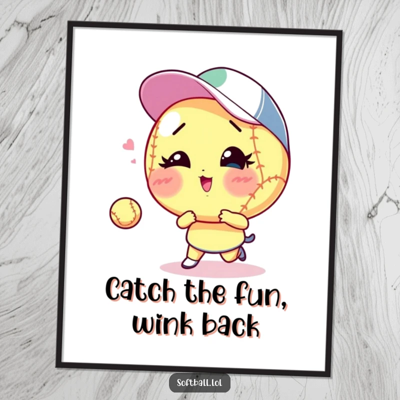 Funny Free Printable Wall Art: A cartoon softball winks mischievously while mid-game, playing catch with a buddy.