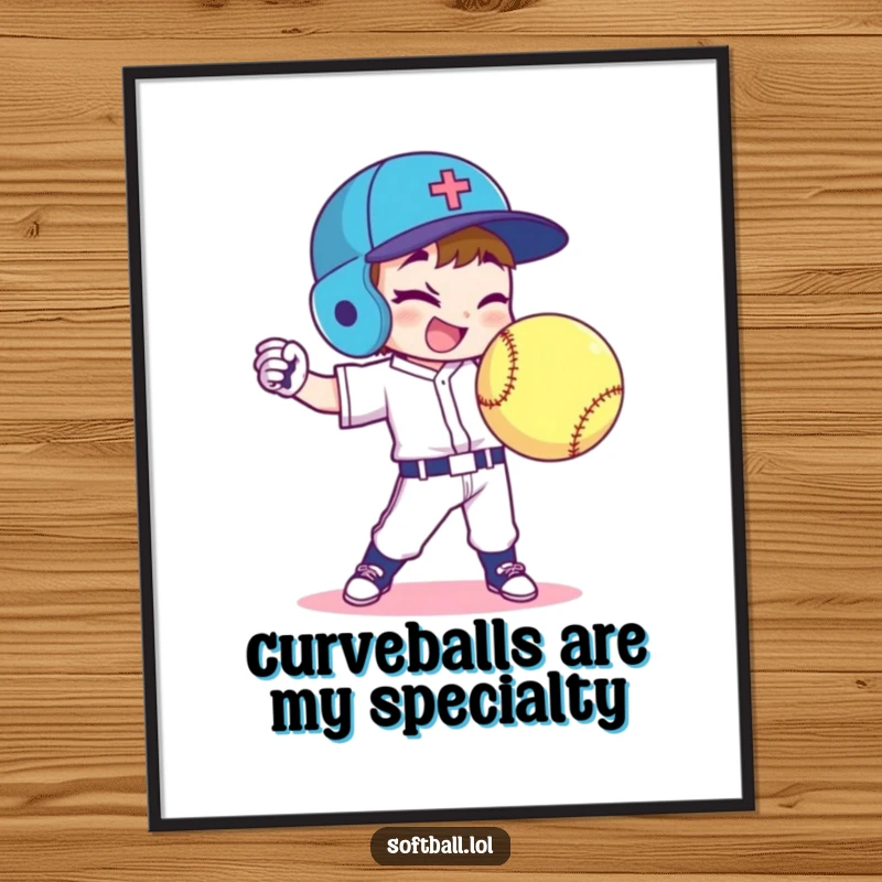Funny Free Printable Wall Art: A confident softball player character winks while perfectly throwing a curveball.