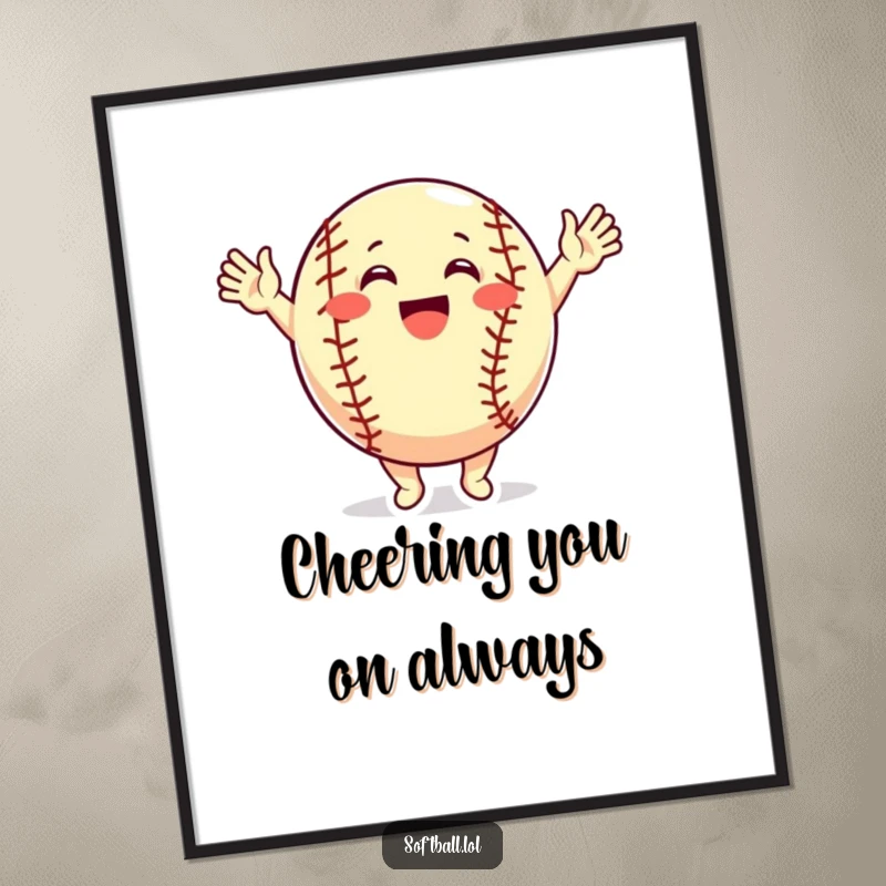 Funny Free Printable Softball Wall Art, an energetic softball character cheering with arms raised, perfect for DIY decor.