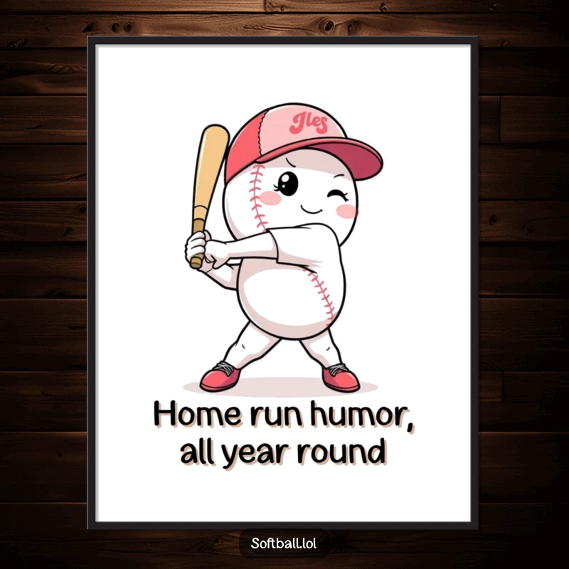 Funny free printable wall art of a softball character in a dynamic, confident mid-swing pose, ready for action.