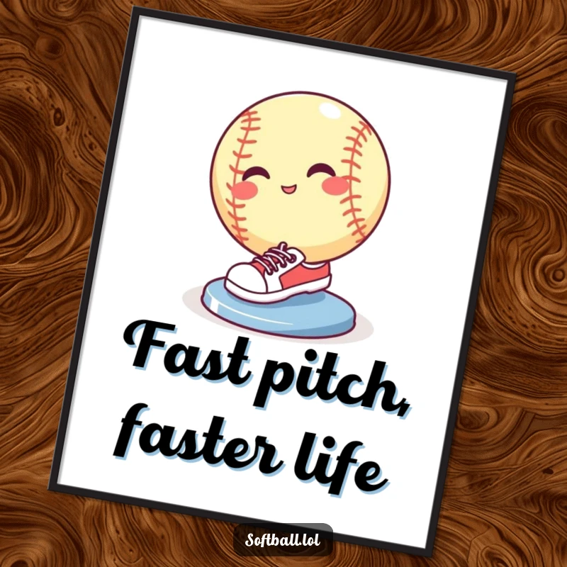 Funny Free Printable Wall Art: A comical softball wearing tiny sneakers slides dramatically into a base, celebrating a victory.