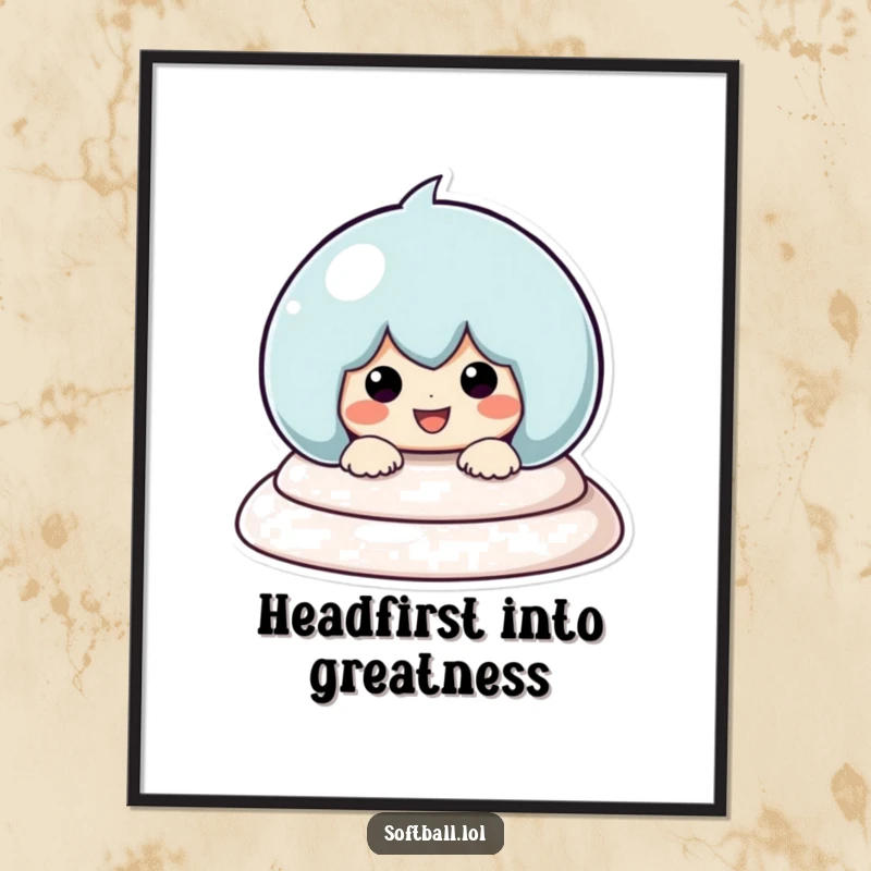 Funny Free Printable Wall Art depicting a kawaii sports character joyfully sliding headfirst into a baseball base with a big smile.