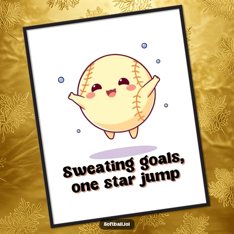 Funny Free Printable Softball Wall Art, a ball sweating while performing a star jump, energetic and humorous decor.