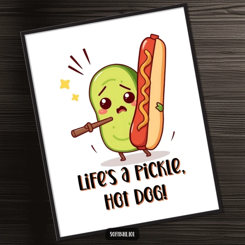Funny Free Printable Wall Art: A confused pickle slice comically attempts to bat a flying hot dog across the canvas.