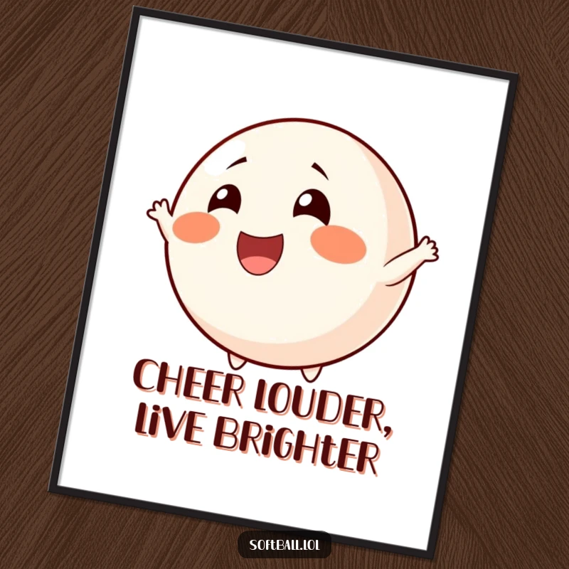 Funny Free Printable Wall Art: A softball with bright rosy cheeks cheers loudly, radiating positive energy and excitement.