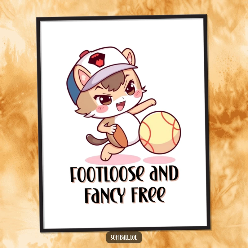 Funny Free Printable Wall Art: A character with a mischievous expression playfully dribbles a softball with their foot, ready to hang.