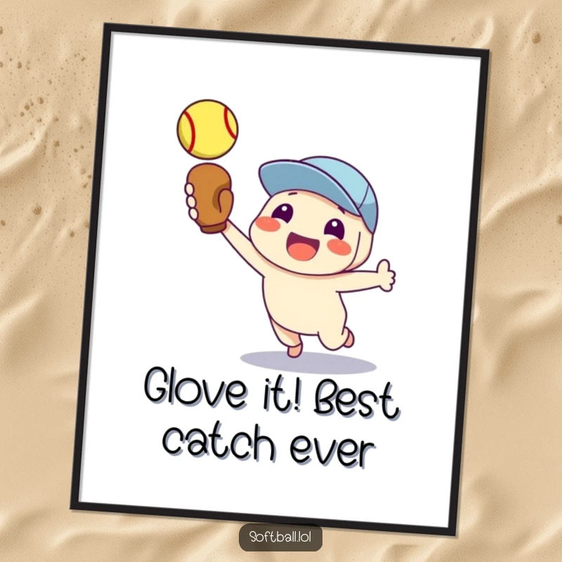 Funny Free Printable Wall Art: A proud character with a baseball glove proudly catches a flying softball, ready for display.