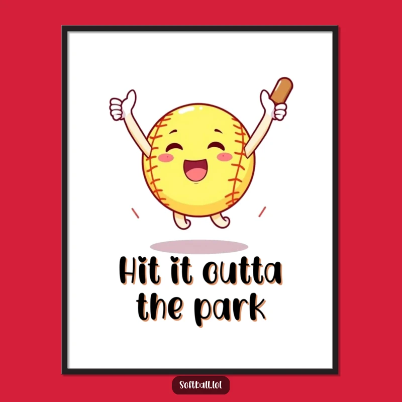 Free Printable Funny Wall Art: Jumping Softball Home Run, Humorous Sports Downloadable Decor
