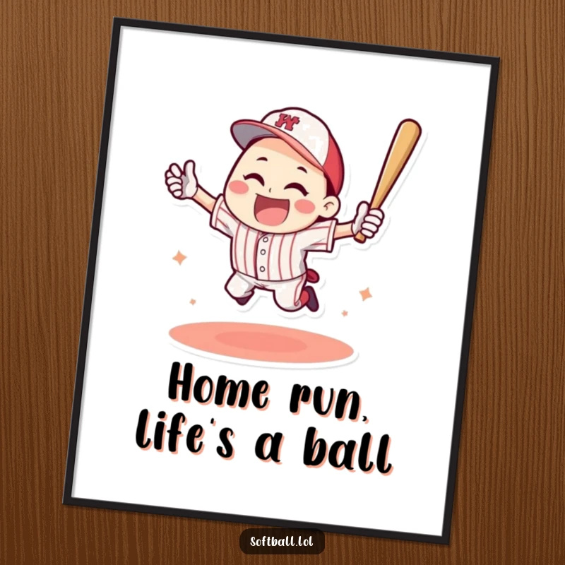 Funny Free Printable Wall Art: Character frozen in a triumphant jump, celebrating a massive home run hit.
