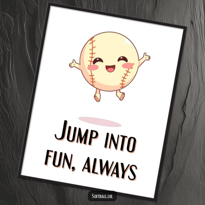 Funny Free Printable Wall Art: A cartoon softball is caught mid-air, executing a comical and energetic jump.