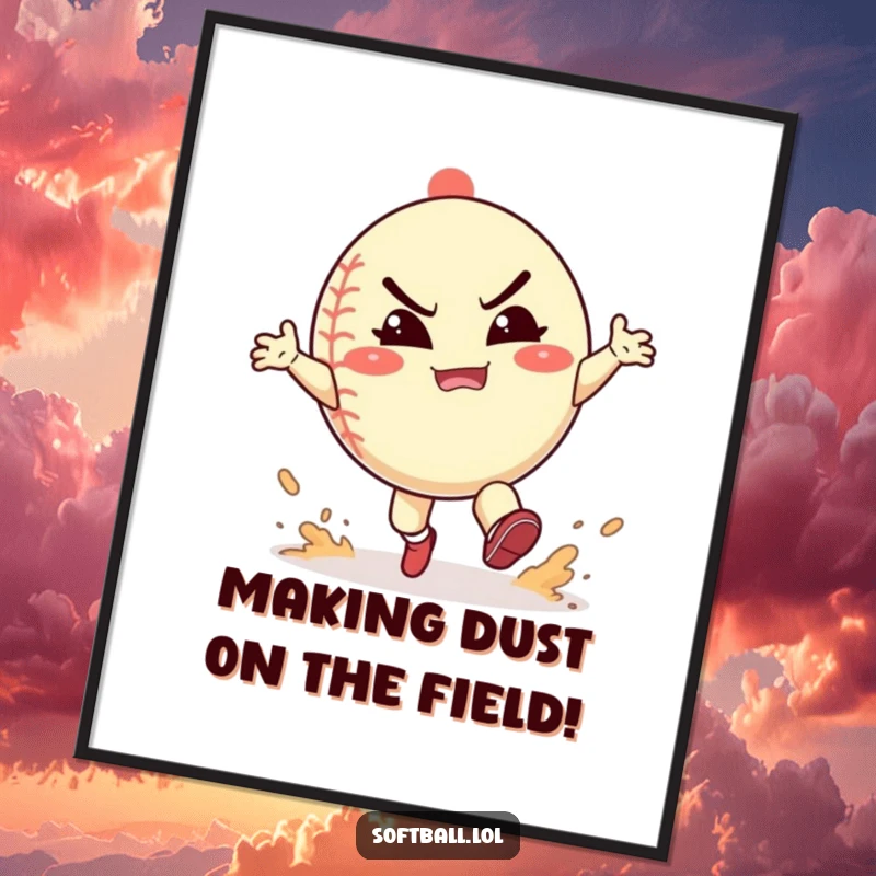 Funny Free Printable Wall Art: A softball character playfully kicking up dust with a determined, happy grimace, showcasing athletic effort.