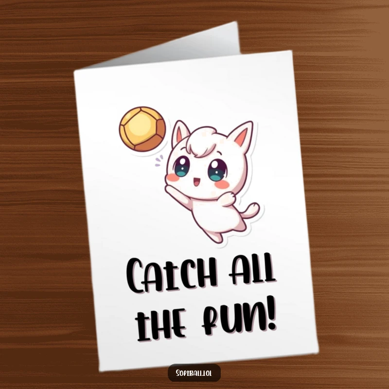 Funny Free Printable Birthday Card of a kawaii character with wide, excited eyes catching a fly ball mid-air.