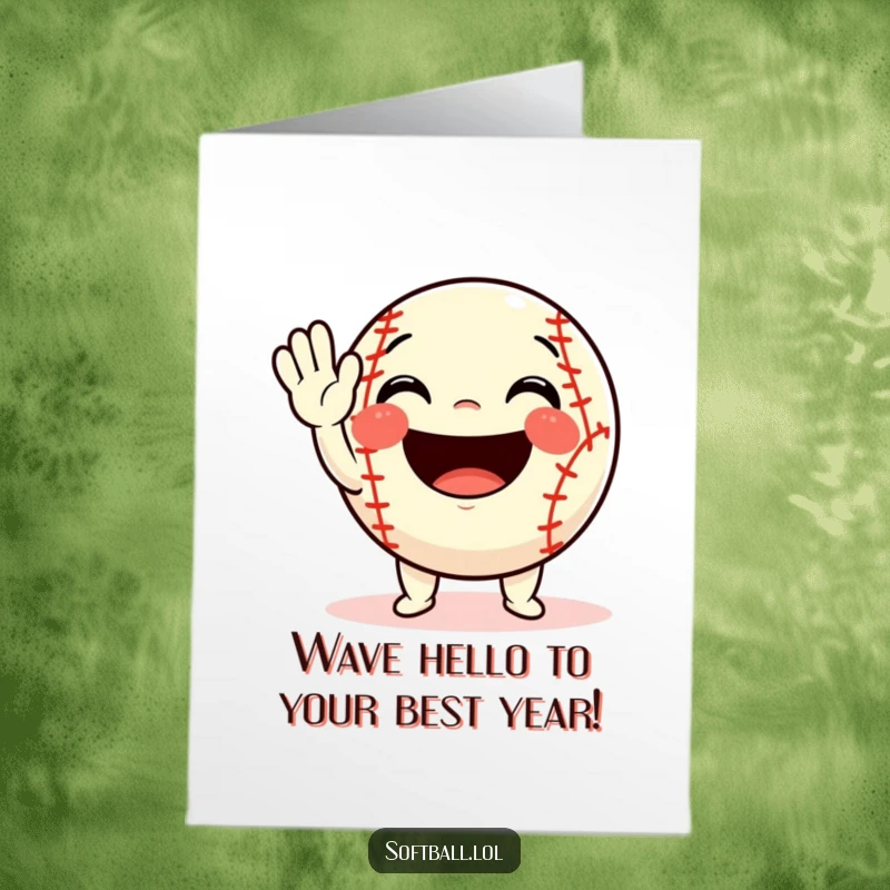 Funny Free Printable Birthday Card: Enthusiastic softball character waving with a huge, infectious smile, radiating pure happiness and birthday cheer.