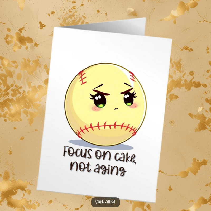 Funny Free Printable Softball Birthday Card: An intense softball peering with sharp focus at an unseen batter, ready for action.