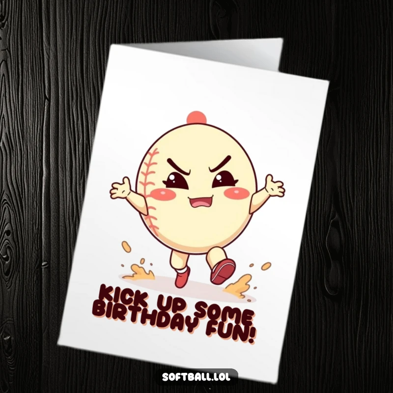 Funny Free Printable Birthday Card: Energetic softball character playfully kicking up dust with a happy, slightly strained grimace, full of effort.