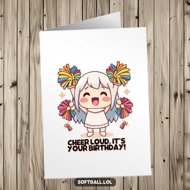 Funny Free Printable Birthday Card: Kawaii character energetically cheering with colorful pom-poms, radiating joy and birthday excitement.
