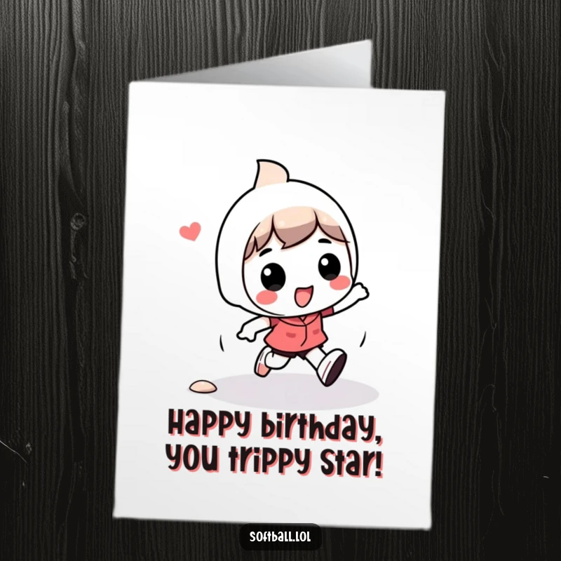 Funny Free Printable Birthday Card: Kawaii character playfully tripping while running baseball bases, a comical and endearing birthday greeting.