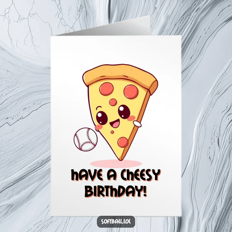 Funny Free Printable Birthday Card: Giant pizza slice with googly eyes catching a baseball, perfect for a fun birthday surprise.