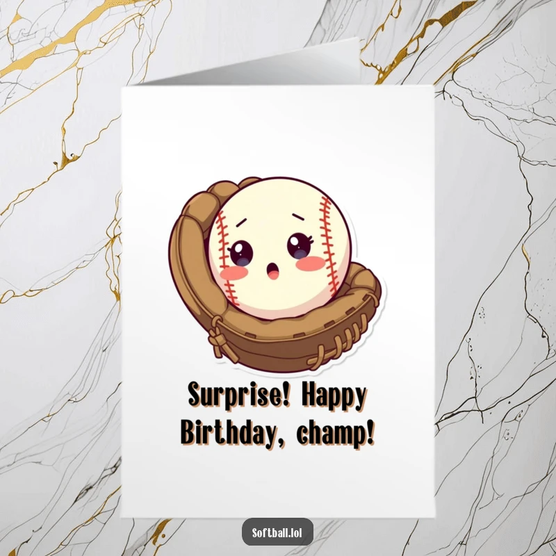Funny Free Printable Birthday Card featuring a softball with a shocked expression popping out of a baseball mitt, a moment of unexpected cartoonish action.