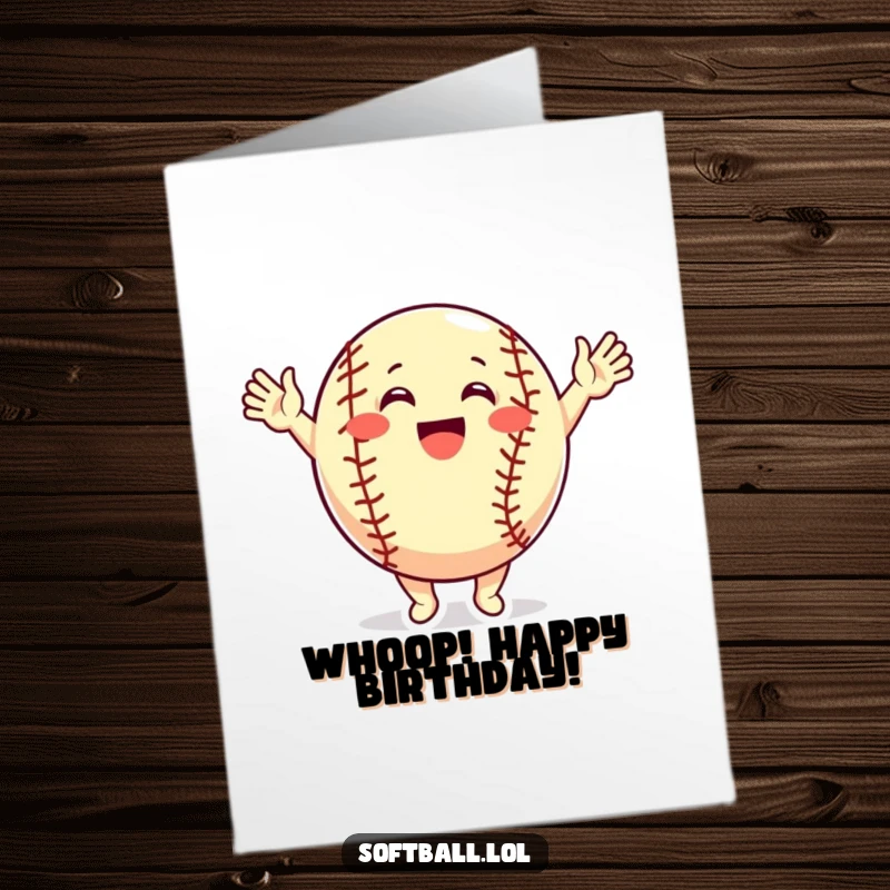 Funny Free Printable Softball Birthday Card, an excited softball character cheering with arms raised high, ideal for DIY.