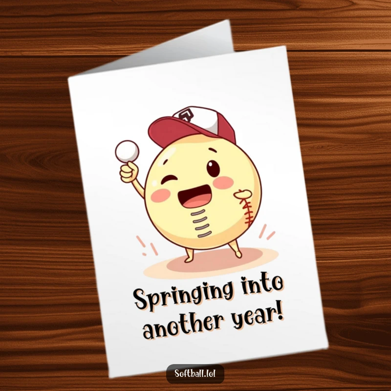 Funny Free Printable Birthday Card featuring a softball with a spring launching itself towards the viewer, ready for action.
