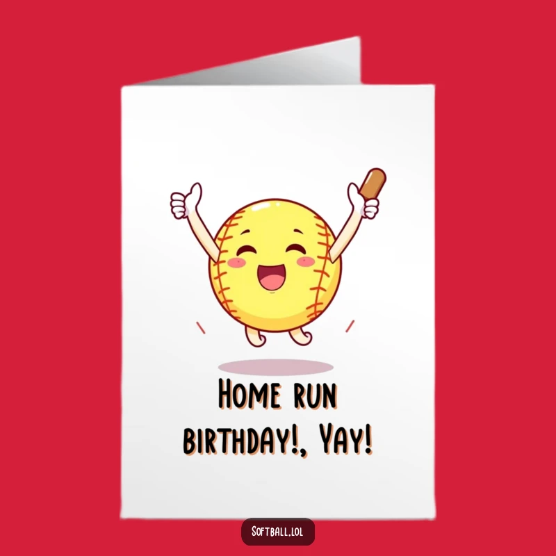 Free Printable Funny Birthday Card: Jumping Softball Home Run, Hilarious Downloadable Greeting for Athletes