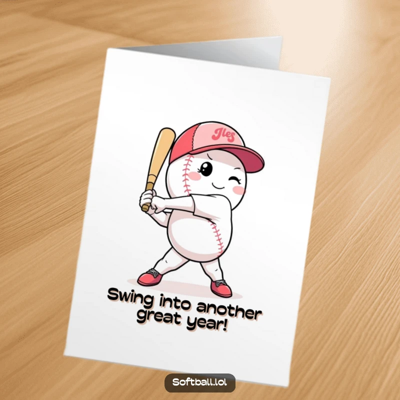 Funny free printable birthday card featuring a confident softball character swinging its bat with determination, ready to celebrate.