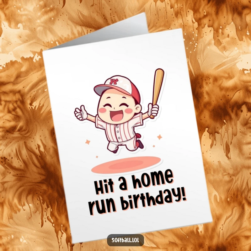 Funny Free Printable Birthday Card: Character triumphantly jumping after hitting a home run, full of pure joy.