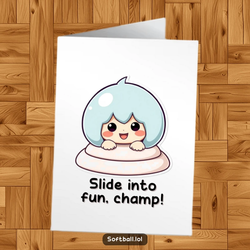 Funny Free Printable Birthday Card of a kawaii character sliding headfirst into a baseball base with a huge grin.