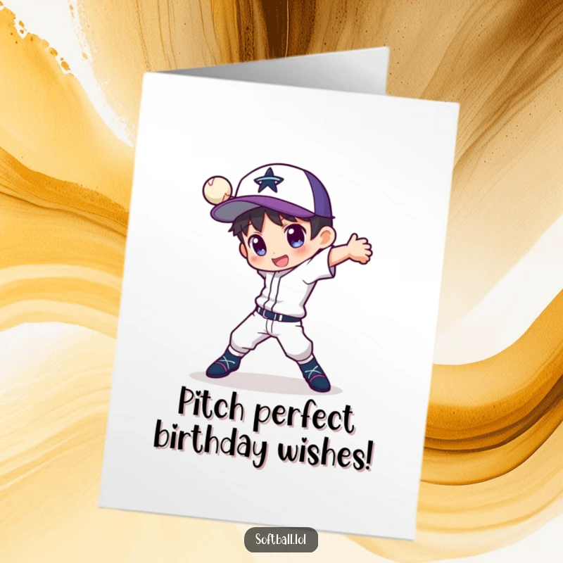 Funny Free Printable Birthday Card: Character in a dynamic, fancy pitching pose, ready to throw a strike.