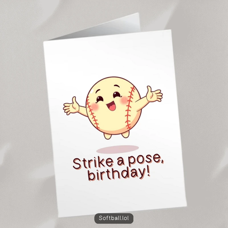 Funny Free Printable Softball Birthday Card, a ball striking a dynamic pose with arms outstretched, energetic downloadable greeting.