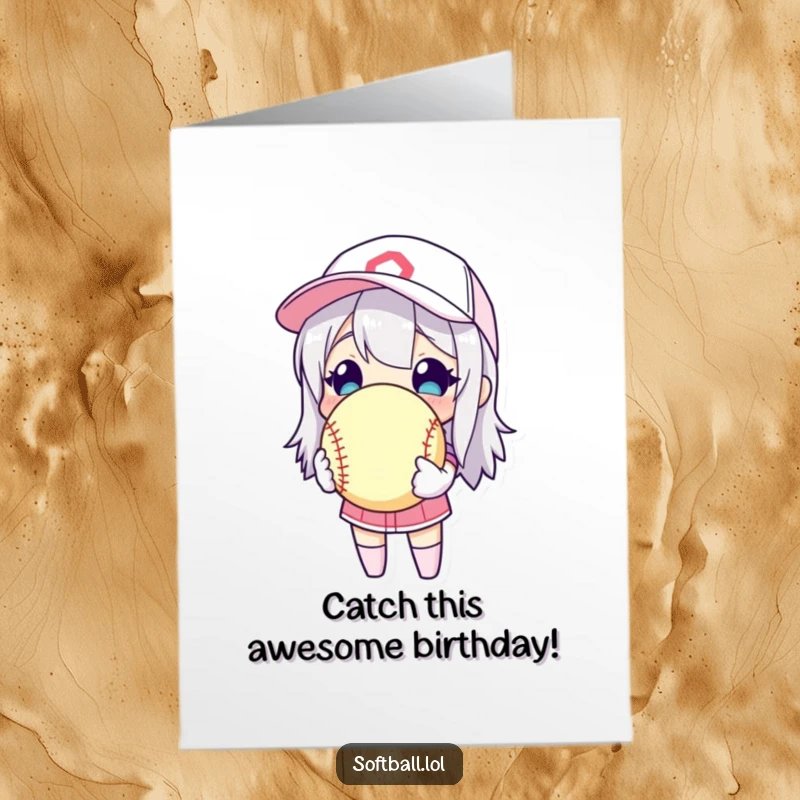 Funny Free Printable Birthday Card featuring a character cherishing a softball like a precious treasure, celebrating their passion.