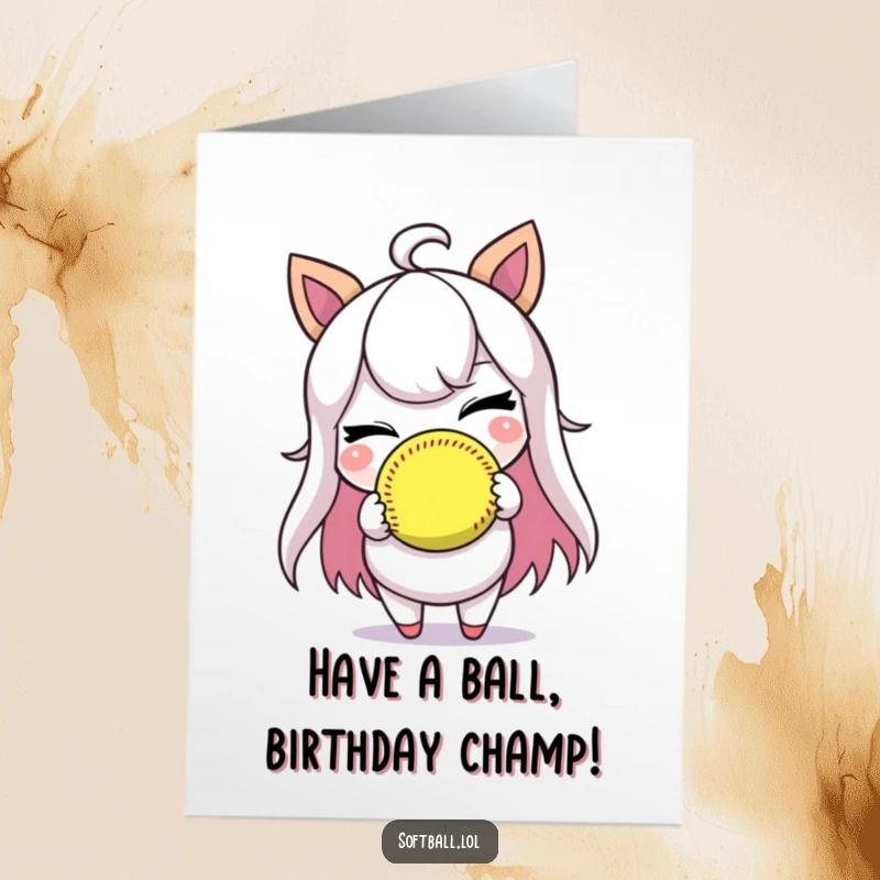 Funny Free Printable Softball Card Birthday Greeting Card: Winking character holding a softball with a playful smile, ideal for athletes.