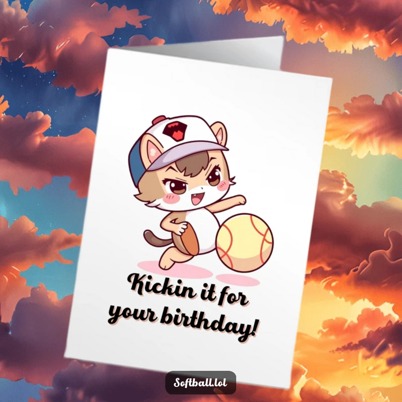 Funny Free Printable Birthday Card: Mischievous character playfully dribbling a softball with their foot, a sly grin on their face.