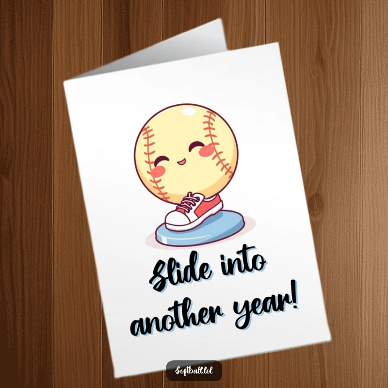 Funny Free Printable Happy Birthday Card: A goofy softball in tiny sneakers slides into base, celebrating with a flourish.