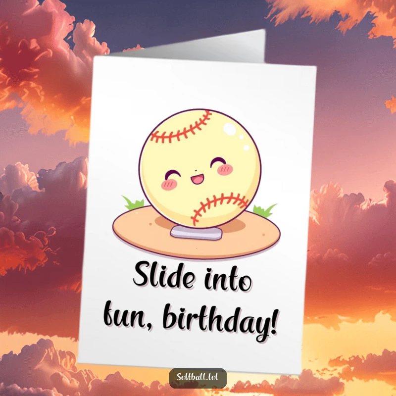 Funny Free Printable Softball Birthday Card, a ball confidently sliding into home plate, action-packed downloadable greeting.