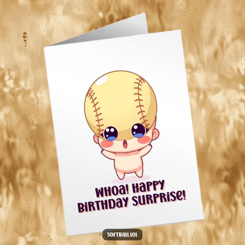Funny Free Printable Birthday Card: Character with wide eyes, startled by a softball flying directly at them.