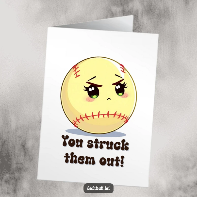 Funny Free Printable Softball Congratulations Card: A softball intently focused on the batter, symbolizing precision and a winning mindset.