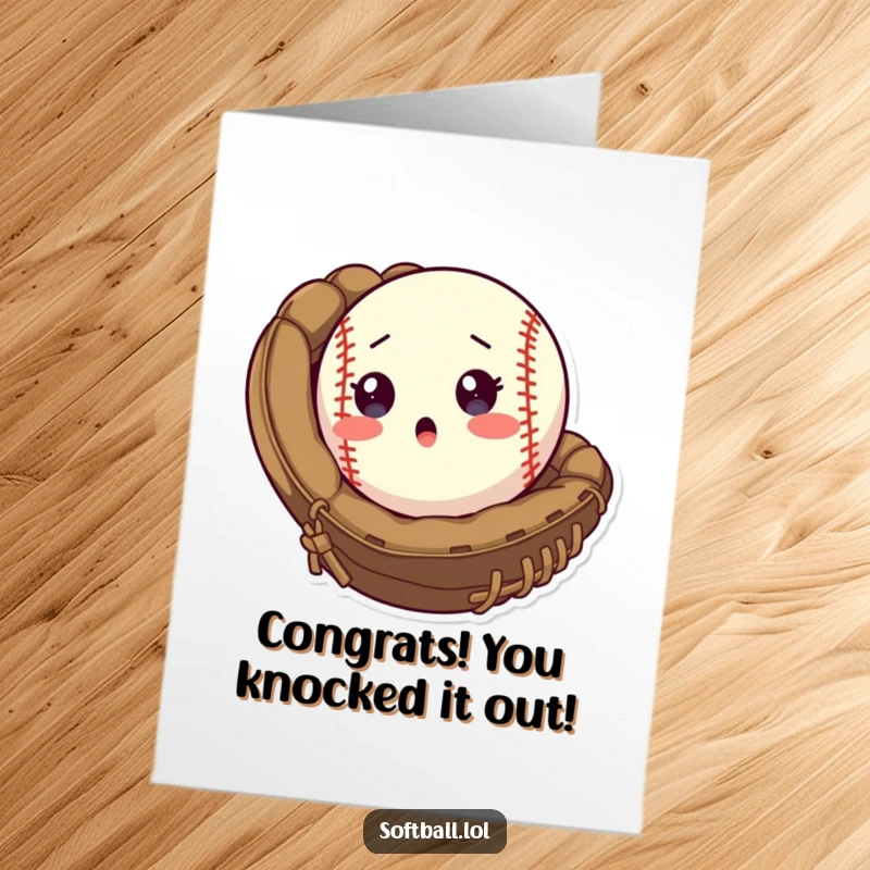 Funny Free Printable Congratulations Card showing a softball with a startled face ejecting from a mitt, embodying surprise and playful achievement.