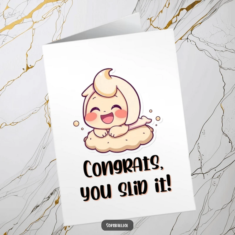 Funny Free Printable Congratulations Card: A smiling baseball player character sliding into a base, kicking up dust, celebrating a win. Print today!