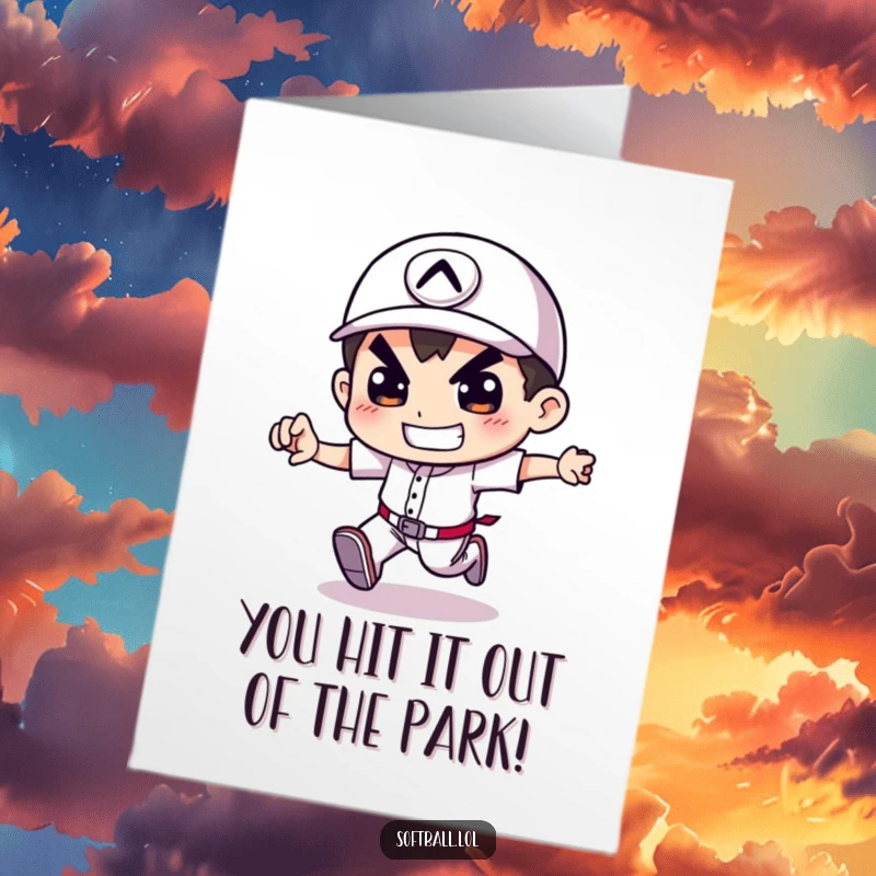 Funny Free Printable Baseball Card Congratulations Card: Determined character running bases with a grin, celebrating a win, perfect for athletes.