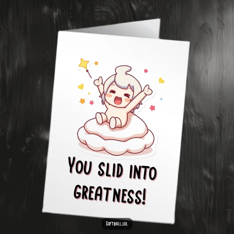 Funny Free Printable Congratulations Card: Character slides into a base, celebrating success. Humorous, triumphant, downloadable, print-at-home.