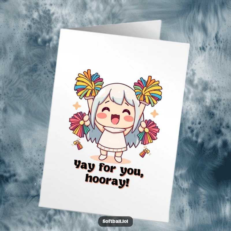 Funny Free Printable Congratulations Card: Kawaii character enthusiastically cheering with pom-poms, celebrating success with vibrant energy.